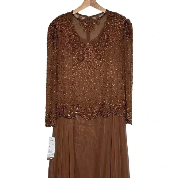 Alexis Womens 18 Elegant brown long sleeve silk beaded upper formal dress‎ NEW - Picture 4 of 10